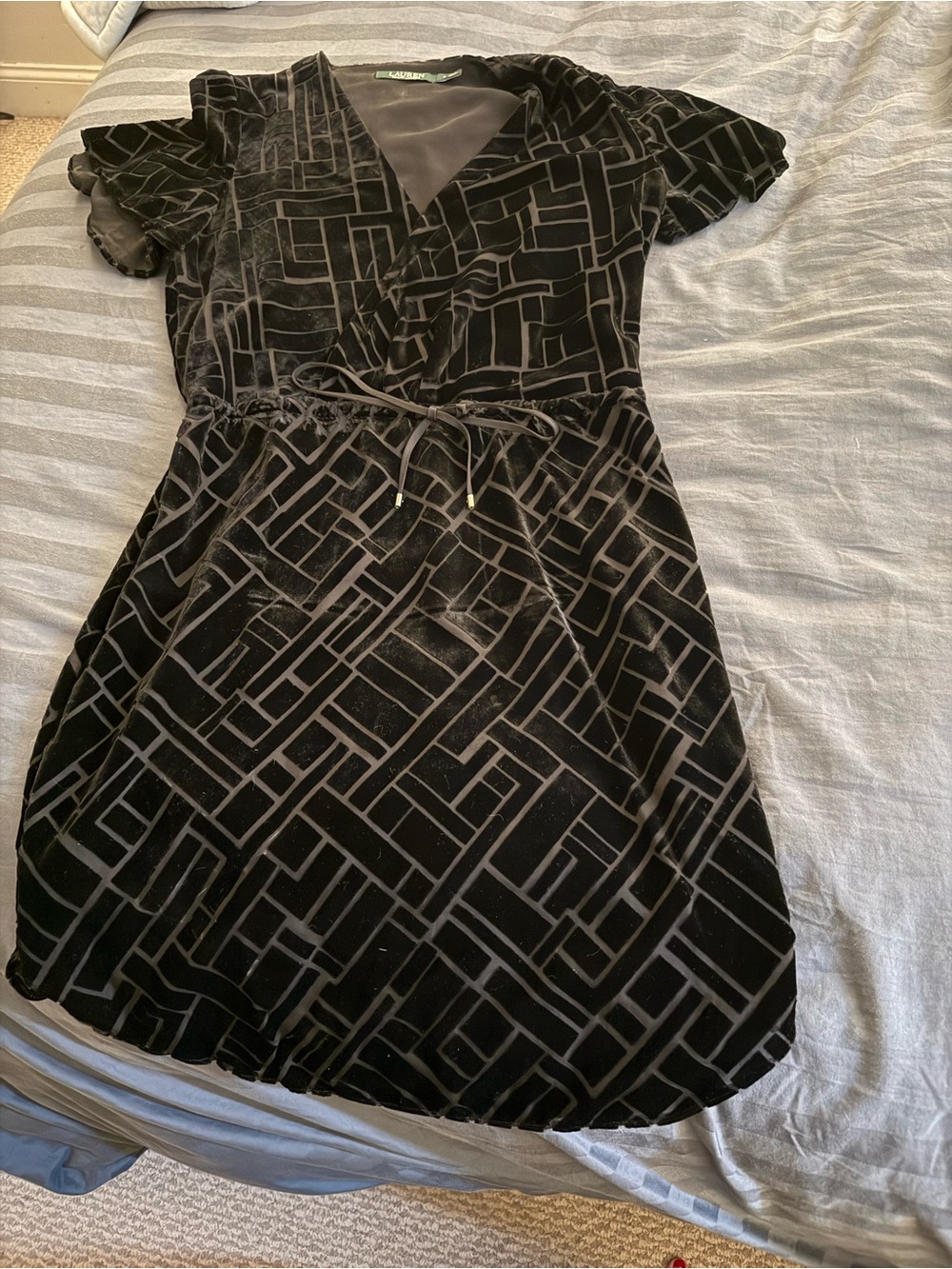 Ralph Lauren Black Geometric Velvet Wrap Dress, Size 2